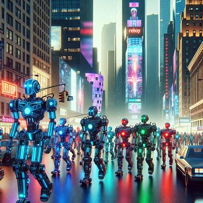 The primary subject of the image is a group of robots walking down a city street. The setting is a bustling urban environment with tall buildings and neon lights. The visual style is a digital art or illustration, creating a futuristic and vibrant atmosphere. The colors and mood are predominantly blue and green, with a touch of red, giving the scene a sense of motion and energy.